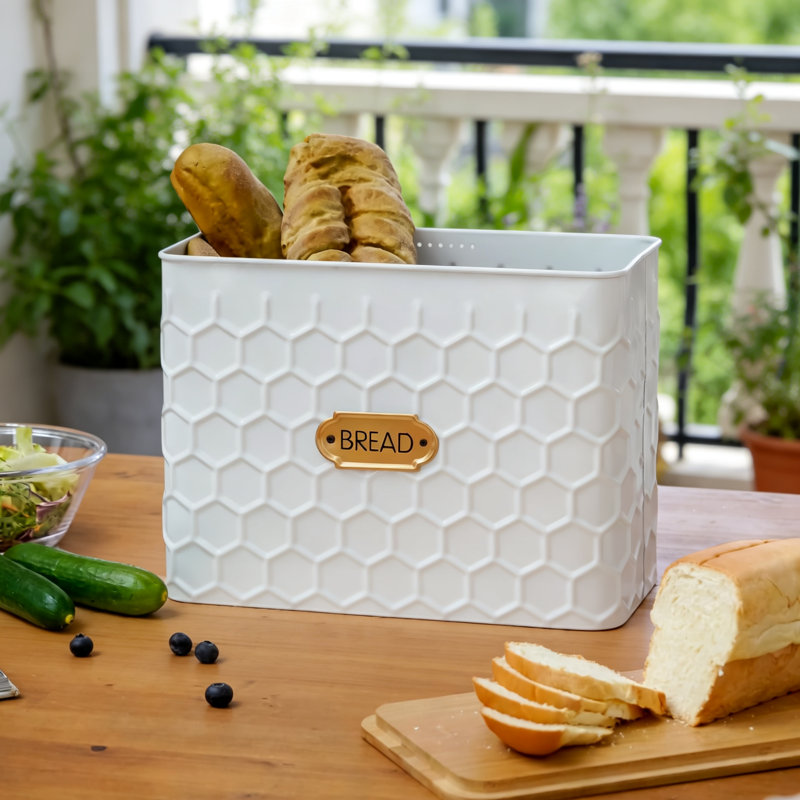 Extra Large Bread Box,Metal White Pattern Embossed Bread Storage Container Bin with Bamboo Lid,(Honeycomb)