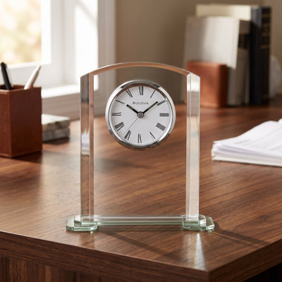 Analog Glass Quartz movement / Crystal Tabletop Clock in Clear Silver