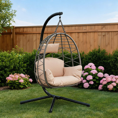 Swing Egg Chair Indoor&Outdoor, Hanging Chair with Metal Stand, Foldable Hammock Chair, 150kg Weight Capacity, Weatherproof PE Rattan with Dust Cover & Cushions for Garden, Patio, Balcony, Grey