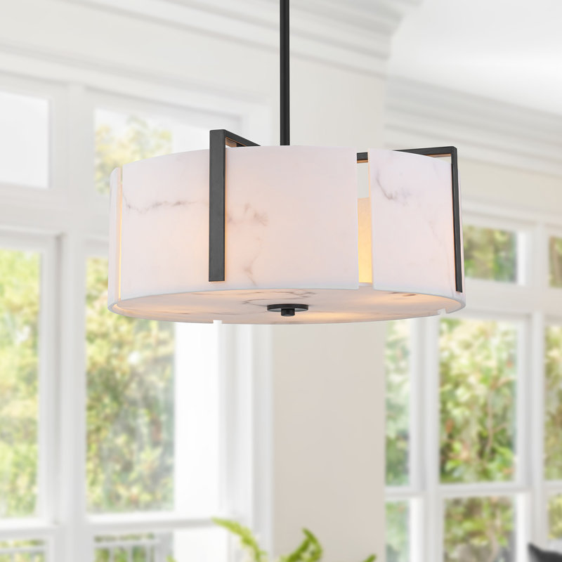 4-light Natural Alabaster Drum Chandelier, Matte Black