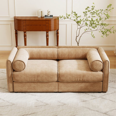 Élégant canapé en chenille 2 places Camel avec siège de rangement, dossier cylindrique et accoudoirs, causeuse moderne en tissu avec espace de rangement caché