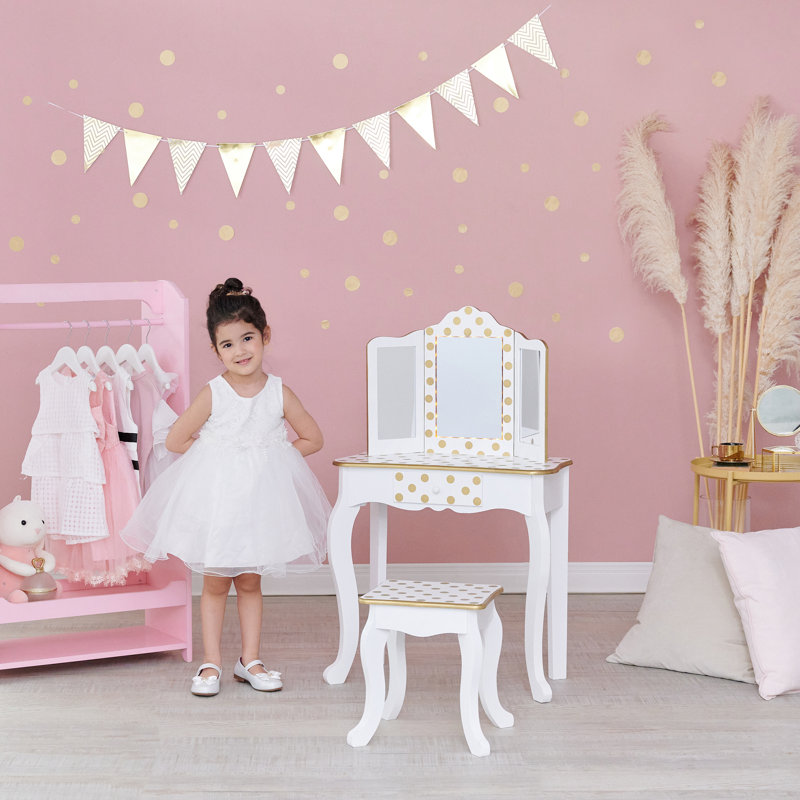  Kids Dressing Table Set with Mirror, White/Gold
