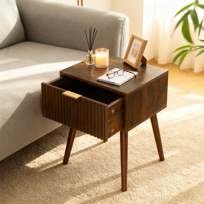 Table de chevet cannelée avec tiroir, table de bout moderne Mid-Century pour chambre à coucher et salon, table d'appoint peu encombrante avec tablette ouverte