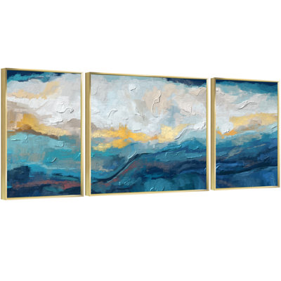 Art mural encadré en aluminium, impressions sur toile multicolores, multicolores, bleu, blanc, lignes, art moderne abstrait, grand format pour le salon, la chambre et le bureau, 3 pièces