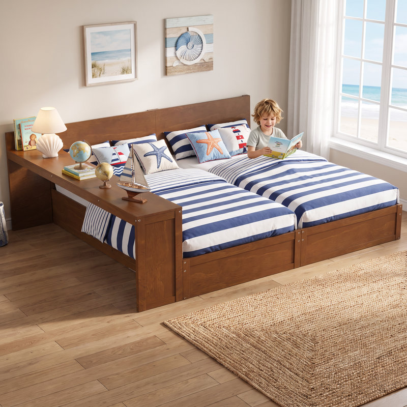 Ensemble de lit plateforme double en noyer avec bureau de rangement amovible, lits jumeaux avec étagère centrale réglable en 3 positions, cadre de lit pour chambre d'enfants partagée avec poste de travail