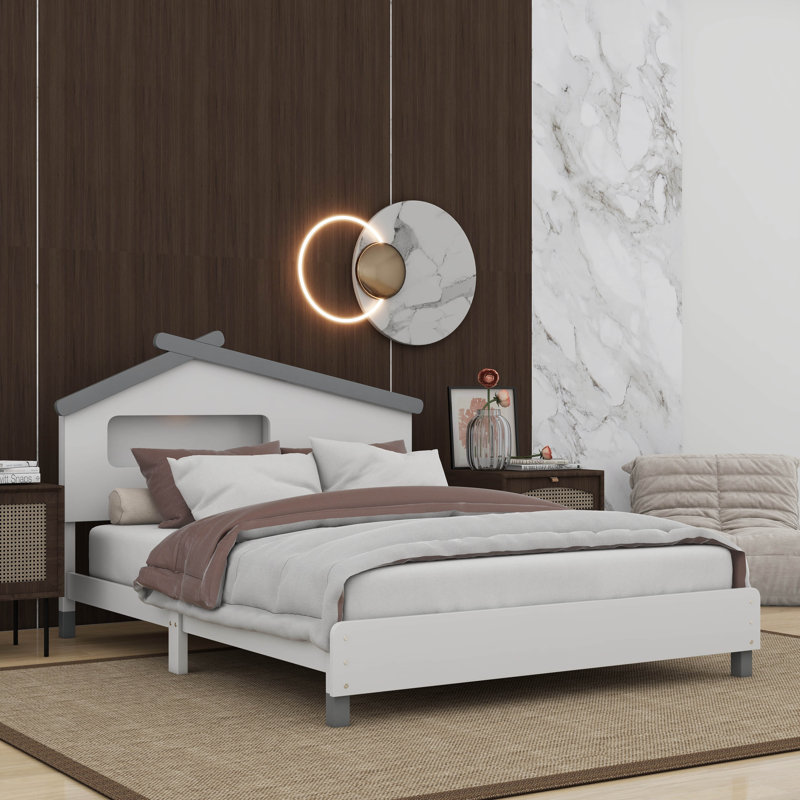 Lit plateforme en bois Ceirah, Blanc / gris