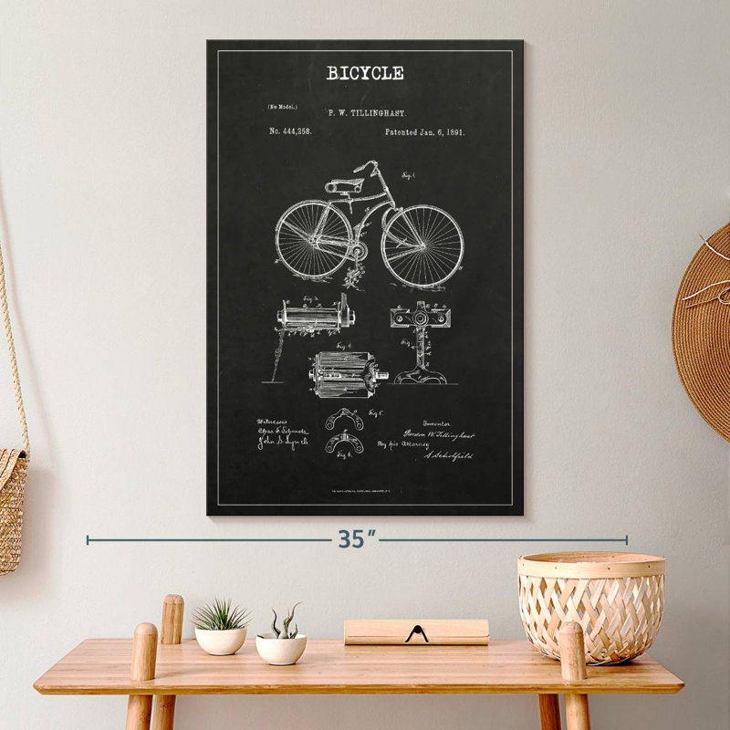 Bicyclette rétro brevet sur toile, H 30 po x l 20 po x P 1,25 po