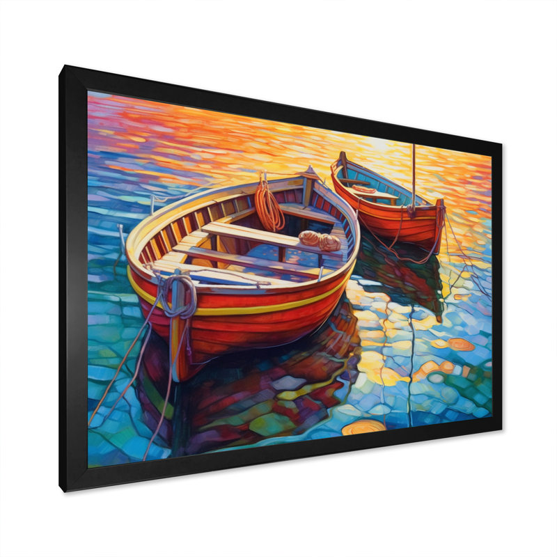 Deux bateaux dans le port I - art mural port côtier, Cadre noir, H 16 po x l 32 po x P 1 po