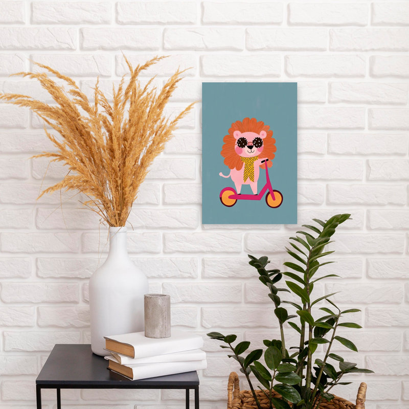 Stylish Lion On Scooter Playful Whimsical Contemporary Lion Wall Art Print by Mathieu - Wrapped Canvas Print