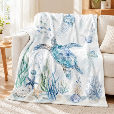 1Pcs Ocean Turtle Print Flannel Blanket – Watercolor Sea Life Design;Single-SidedSoft and WarmMachine WashableIdeal for Living Room Bedroom DecorPerfect Beach Nautical Themed SpacesA Thoughtful Gift Choice. Bedding so