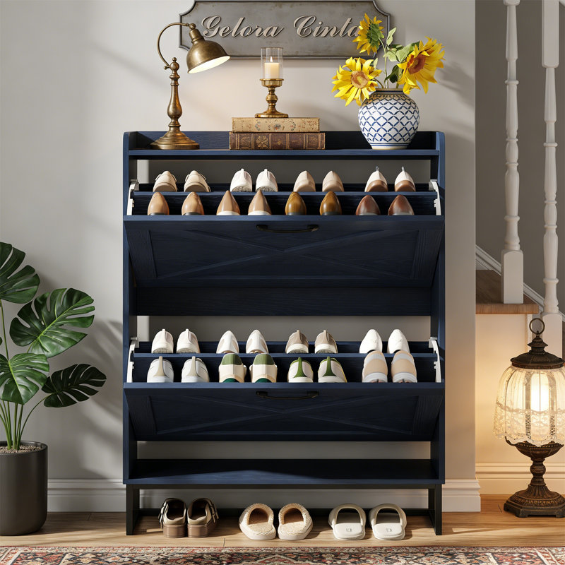 Shoe Storage Cabinet With 2 Flip Drawers, Freestanding Narrow Shoe Organizer With Metal Legs For Entryway, Blue, Navy