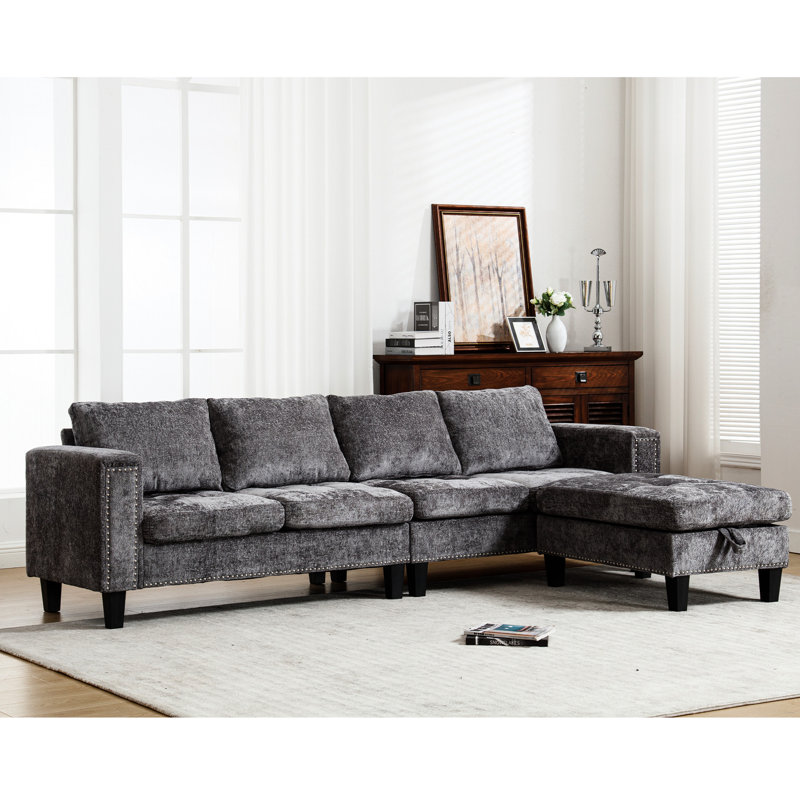 En forme de L avec rangement, gris chenille, 5 places assises, rangement pour canapé modulaire convertible en méridienne réversible, gris