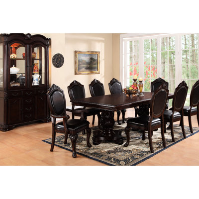 Formal Dining Room 9pc Compilation: Brown Rectangular Table With Double Pedestal Base, 2 Arm Chairs & 6 Side Chairs, Wonderful Array: Ravishing