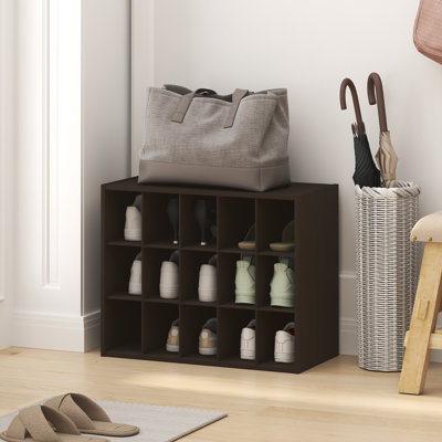 Range-chaussures Furinno Fano, range-chaussures à 15 cubes, rangement pour chaussures empilable, 11,4 x 24,2 x 19,3, pour vestibule, bureau, garage, chêne foncé noir