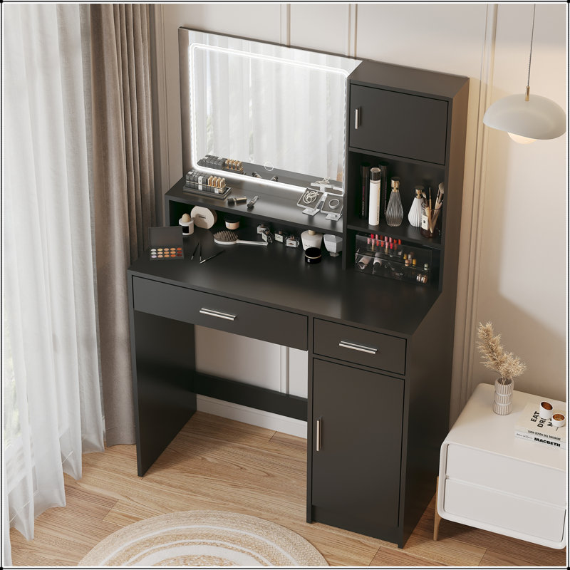Bureau de coiffeuse avec miroir, lumière DEL, luminosité réglable et rangement à 3 niveaux pour les chambres à coucher modernes
