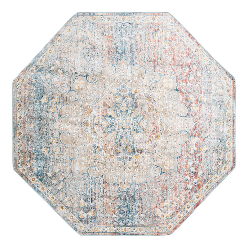 Tapis oriental bleu / crème / rouge Alize, Octogone 7 pi x 7 pi