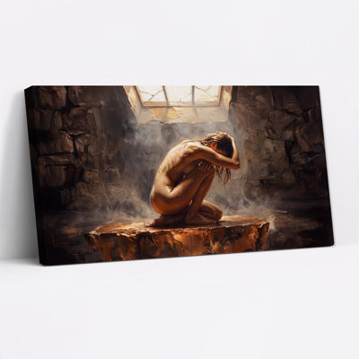 Crouching Nude Figure in Steamy Stone Room Canvas Wall Art