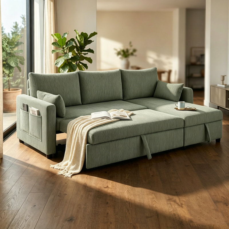 85.5" Convertible Sectional Sleeper Sofa with Pull Out Bed, Corduroy L Shaped Couch with Storage Chaise & 2 Pillows, Modular Sofa for Living Room Apartment, Green