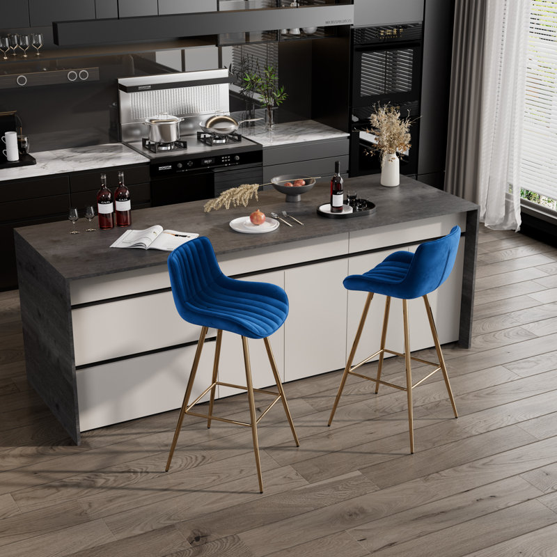 Set of Bar Stools, Velvet Fabric Counter Stool, Blue, 2, Bar Stool (29.92" Seat Height)