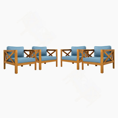 Fauteuil club d'extérieur en bois d'acacia avec coussins (ensemble de 4), ensemble de conversation, convient aux rassemblements extérieurs, finition teck, coussin