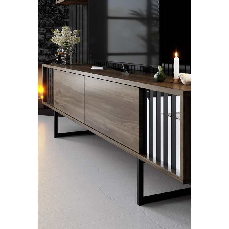 Stylish TV Unit with Wall Shelves, Walnut & Black, 70.9 x 11.8 x 18.9 inches | 100% Melamine Coated Particle Board, Metal Legs | Ideal for Modern Living Rooms, Durable & Elegant Design | Includes 2 Wall Shelves 8.7 x 8.3 x 23.6 inches