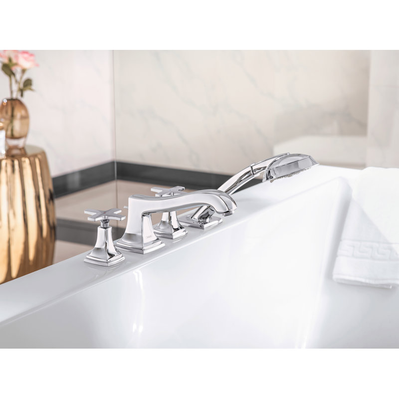 Hansgrohe Metropol Classic 4-Hole Roman Tub Set Trim with 1.8 GPM Handshower Trim Set Only, Cross Handle, Chrome