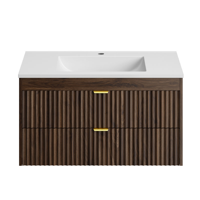 Meuble-lavabo autoportant à un lavabo de 90 cm avec comptoir beige en SMC, Walnut, 35.4"