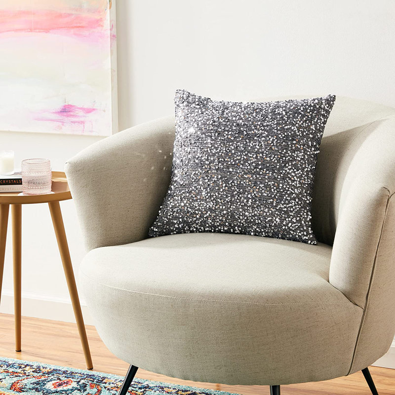 Twinkle Sparkling Sequins Pattern Sequined Throw Pillow, Silver, Polyester/Polyfill