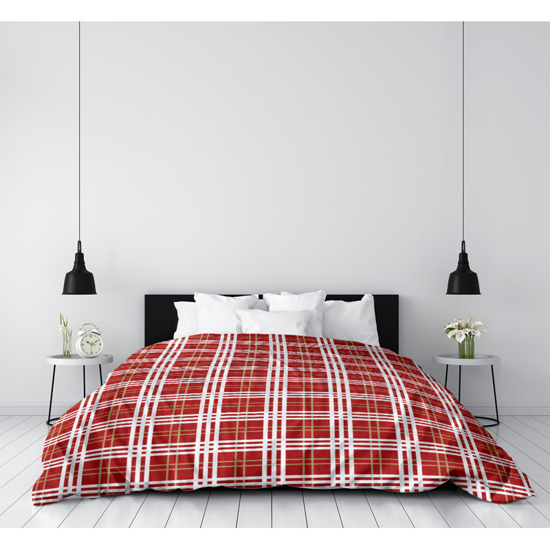 Polyester Plaid Duvet Cover, Twin XL Duvet Cover, Red/Gold/White, Brushed Polyester