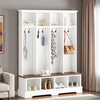 Farmhouse Wide Hall Tree With 8 Hooks, Bench And Open Compartments