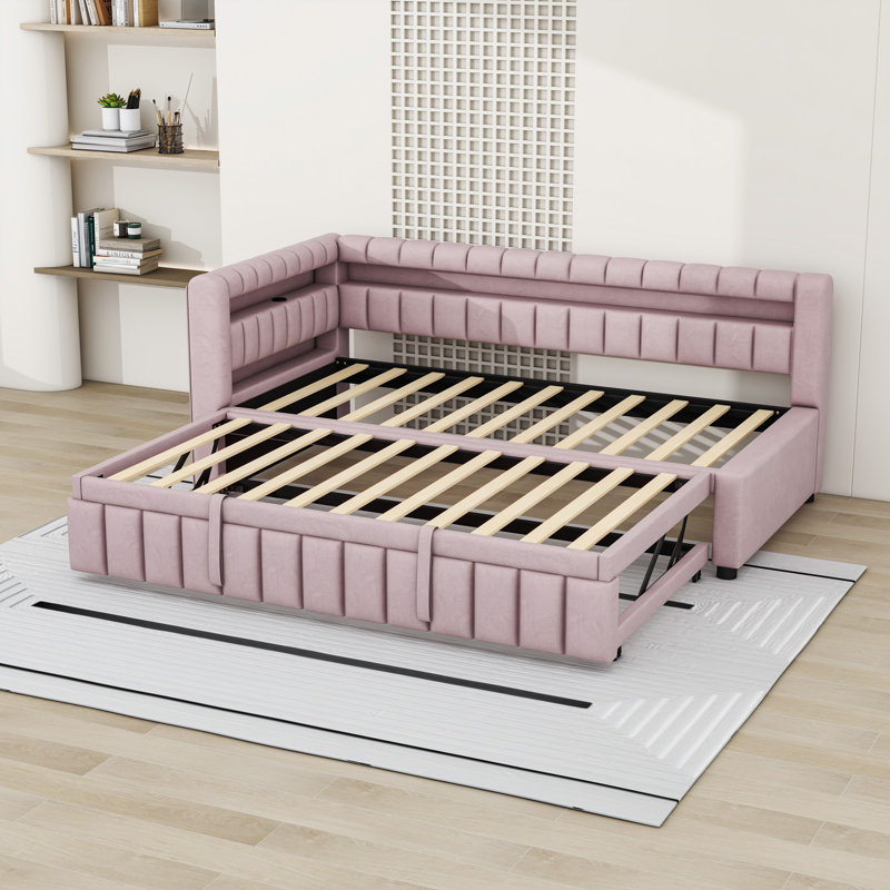 Lit de jour rembourré avec lumières DEL, USB et lit gigogne, Pink