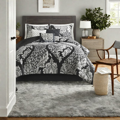Elegant Damask Bedding Set, Cotton, Chic Black Design, Home Comfort