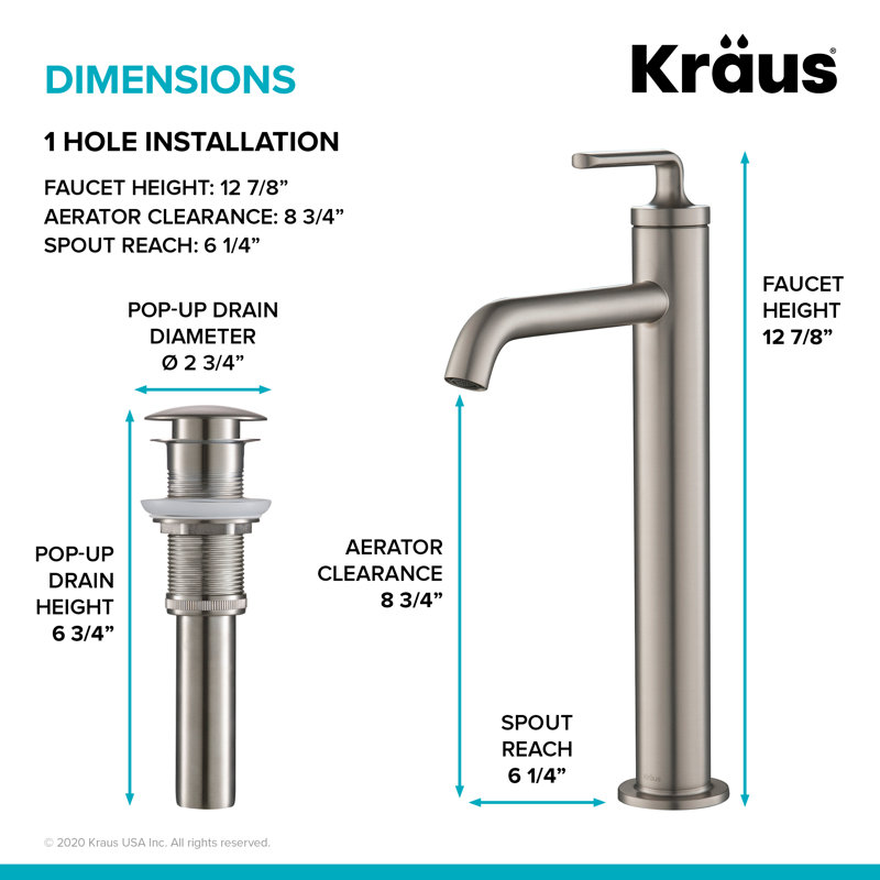 Ramus Single Handle Vessel Sink Bathroom Faucet with Drain Assembly, Spot Free Stainless Steel