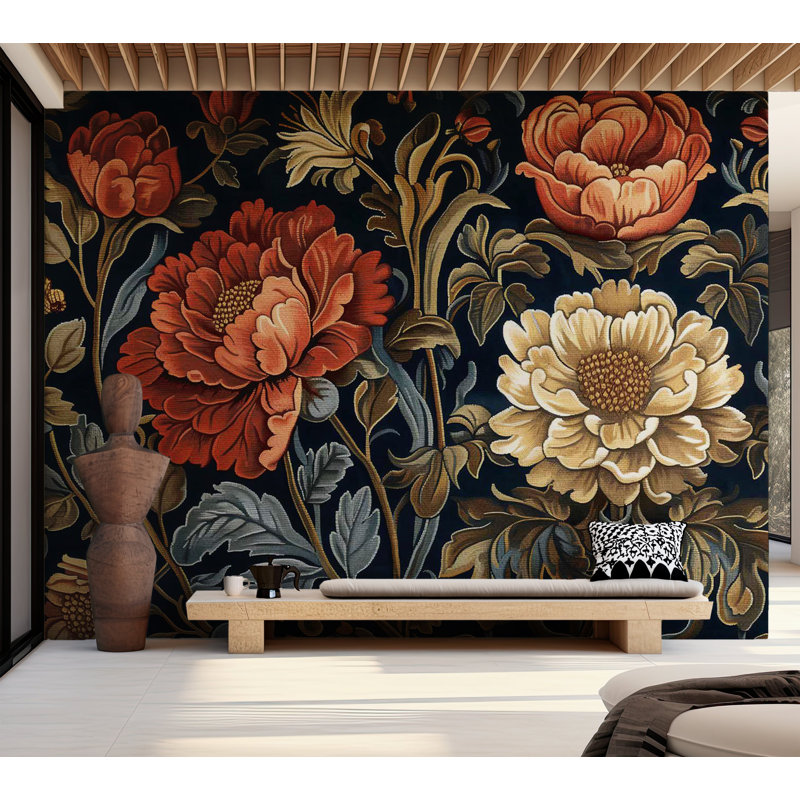 Adhésif mural floral pelez et collez - grandes fleurs de style kilim, L 154 po x L 110 po