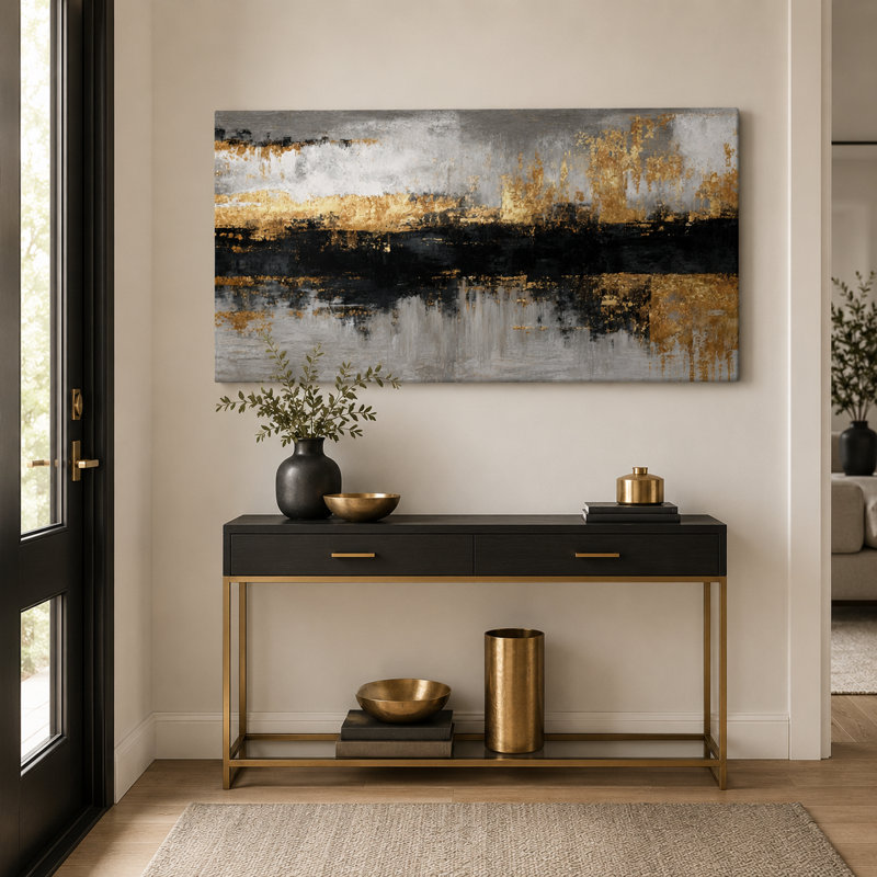 Gris, noir et doré, horizon abstrait, impression sur toile tendue, H 24 po x l 48 po x P 1,5 po