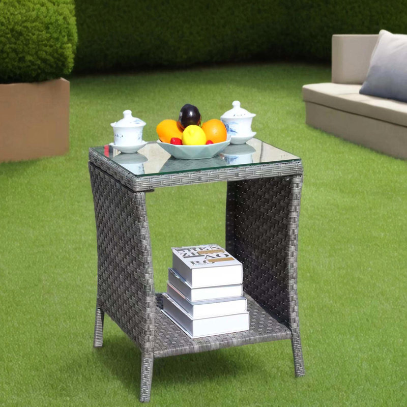 Table basse grise pour patio avec verre trempé robuste de 19,82 po x 19,82 po x 21 po et résistant à l'eau