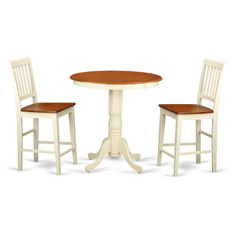 L'ensemble de salle à manger 3 pièces à hauteur de comptoir comprend une table de salle à manger ronde avec piédestal et 2 chaises rembourrées en similicuir, acajou