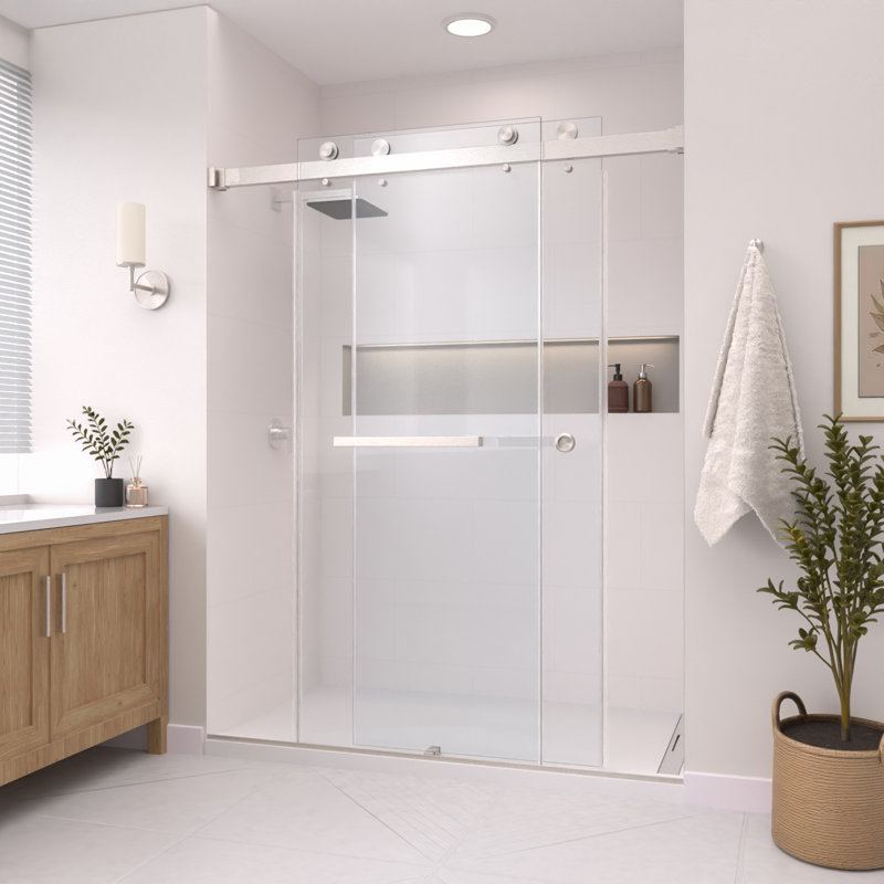 CatalystFP 62"-67"W x 76"H Double Sliding Frameless Shower Door in Brushed Nickel with 3/8" Clear Glass, Brushed Nickel