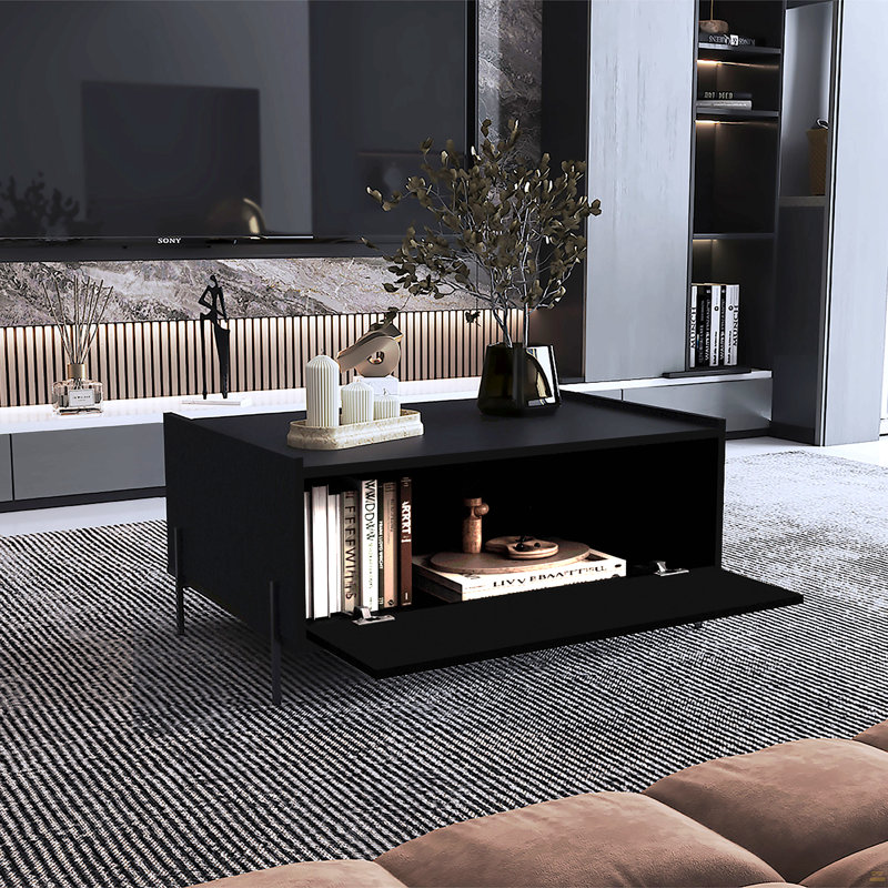 Table basse H 15,6 po, 1 tablette, 4 pieds, Noir