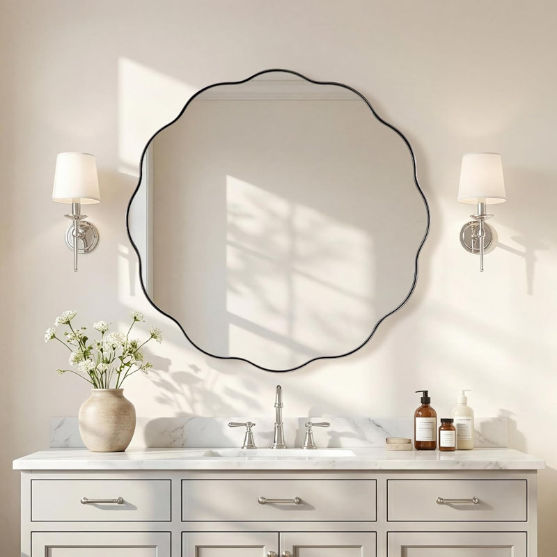 Contemporary Round Wavy Mirror Circle Bathroom Vanity Mirror | Stainless Steel Frame, Polished Chrome, 36" x 36"