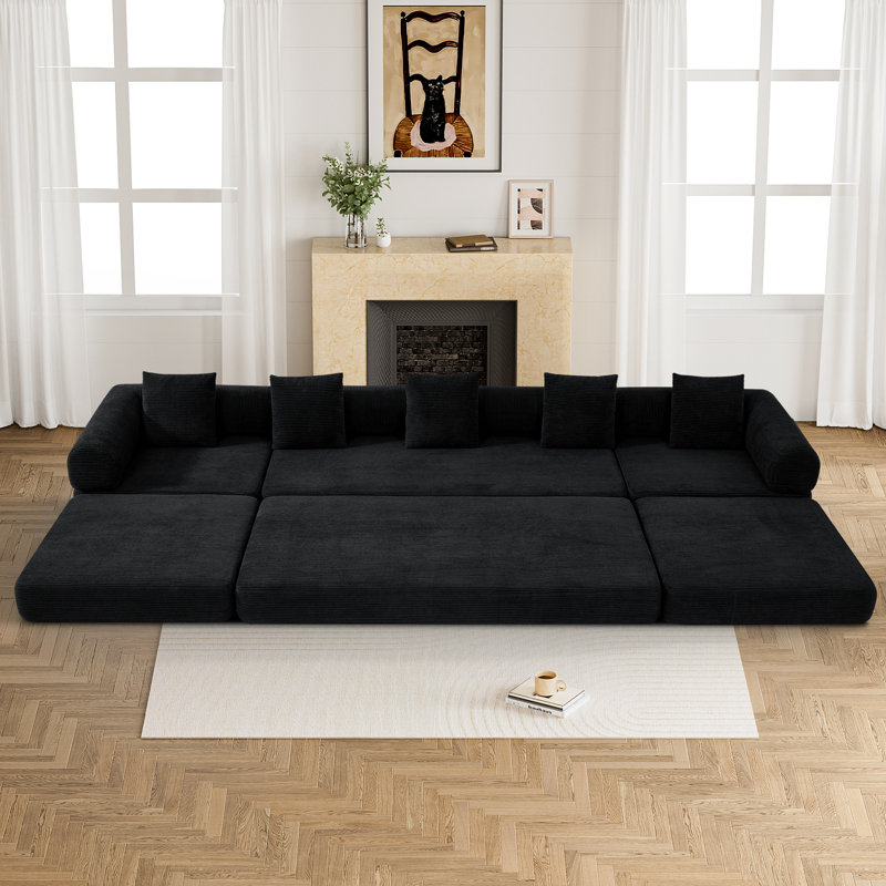 Boneless Convertible Sectional Sleeper Sofa Bed Modular Compression Couch With Removable Back And Arm, Black Corduroy