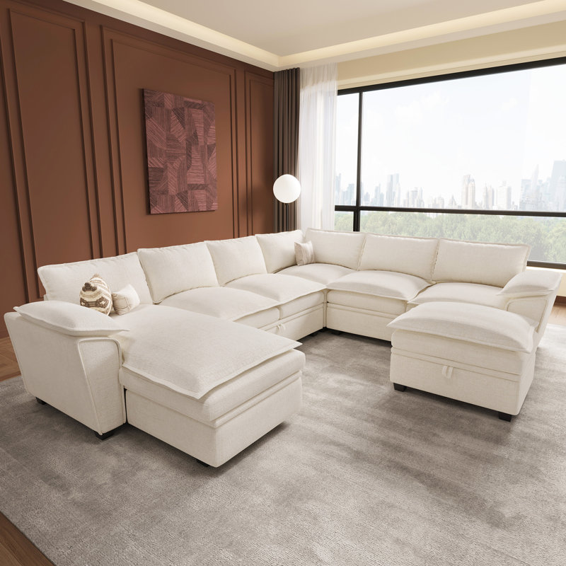 U-Shaped Sectional Storage Sofa With Chaise, Fabric Couch For Living Room, Beige Chenille