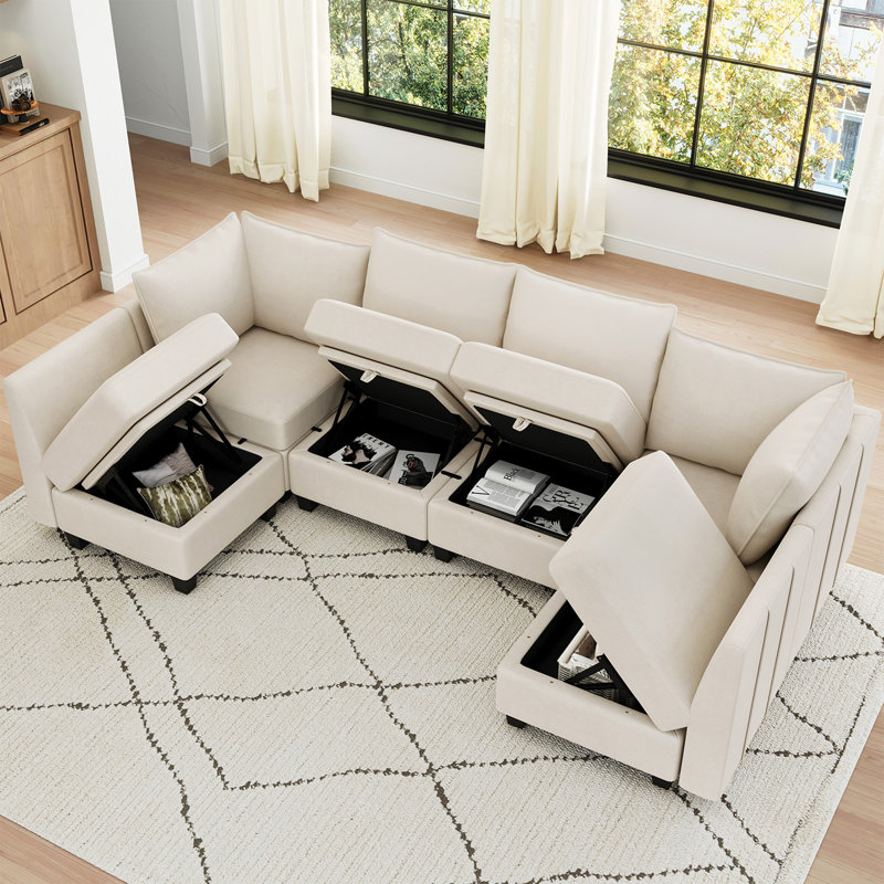 Allinson 7-Piece 112.6'' Wide Velvet Solid Wood Sectional Storage Sofa U Shaped Freely Combined Modular Sofa Living room Couch