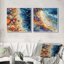 Bleu et orange, coquillages, vue aérienne I - art mural coquillages - ensemble d'art mural traditionnel 2 pièces