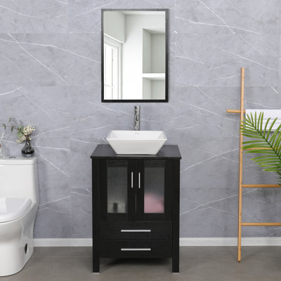  Ensemble de meuble-lavabo simple 24 po avec lavabo vasque en céramique, plateau en bois manufacturé