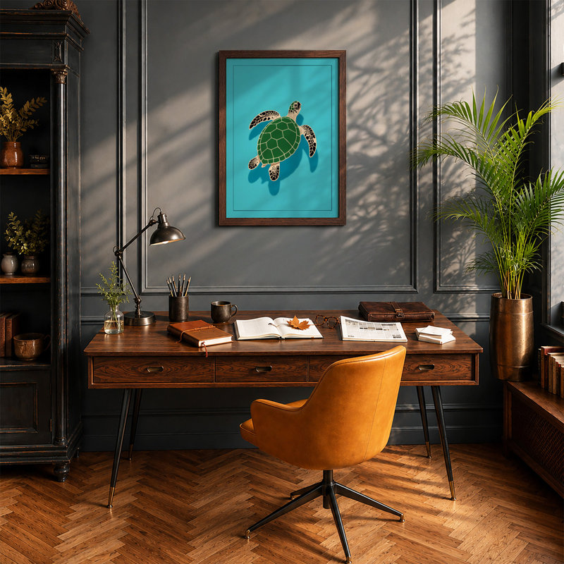 Turtle in Open Water Coastal - Framed Print, A3 - 42.0 x 29.7 cm, Walnut