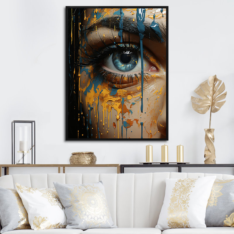 «Yellow and Blue Woman Eye Expressionism II - Eye», art mural, Cadre photo noir, H 44 po x l 34 po