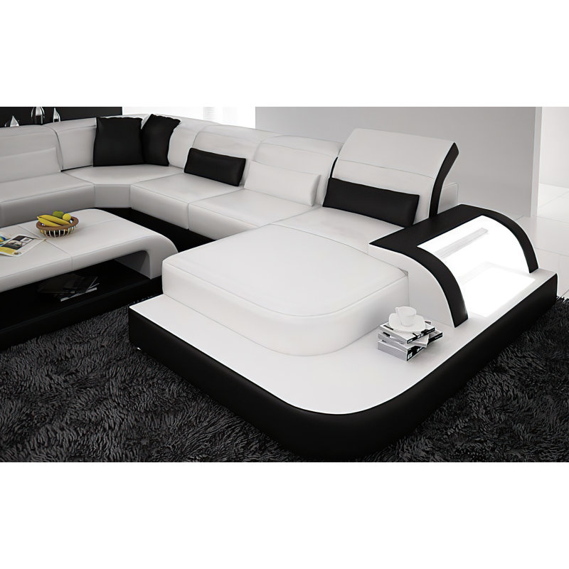 Canapé modulaire en cuir Jysir, Cuir véritable blanc / noir, Orienté à droite