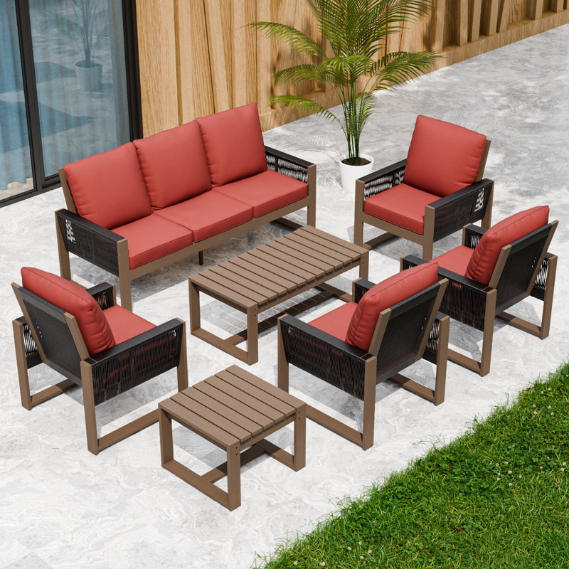 Ensemble de conversation 8 pièces avec canapé et patio en bois massif et osier gris, Rouge