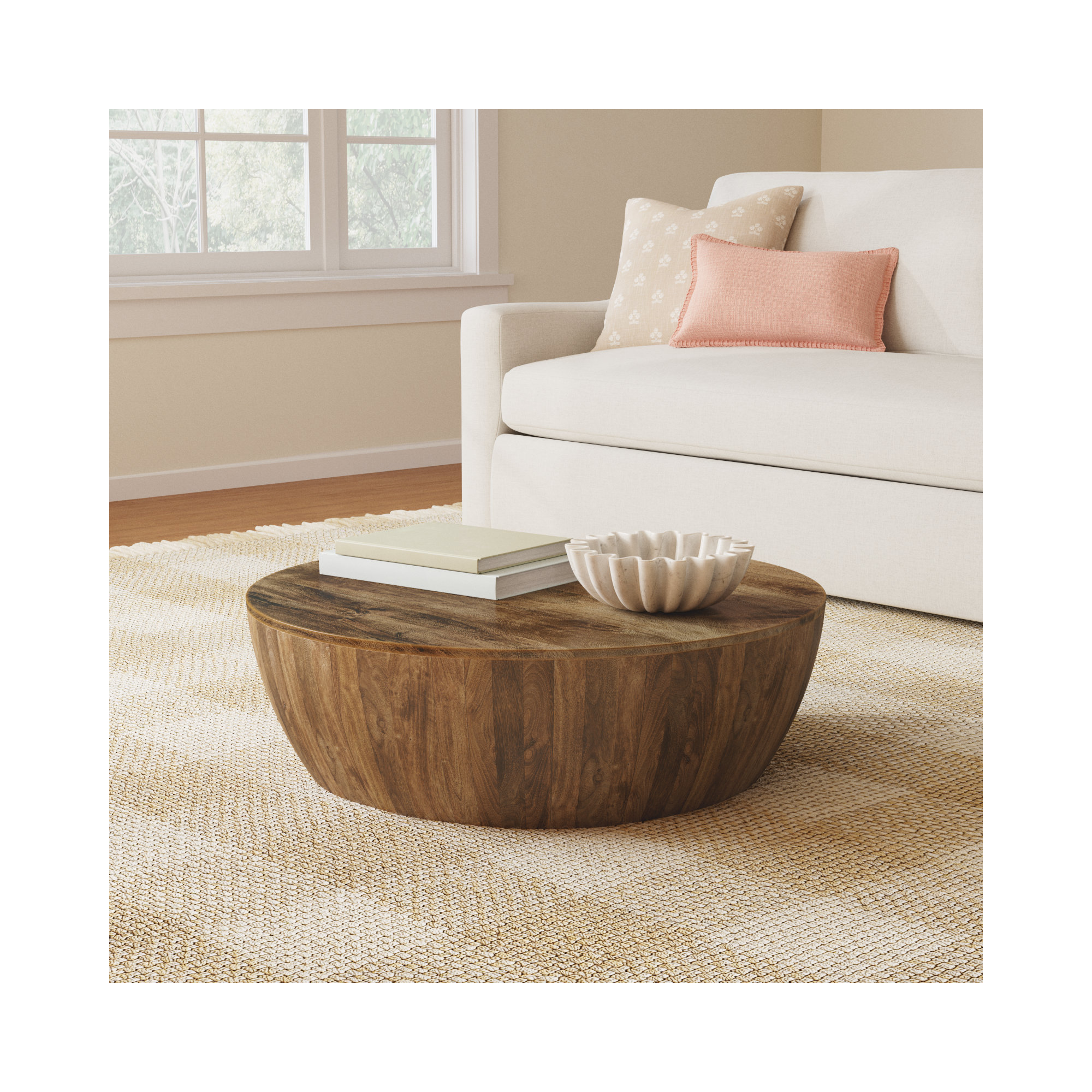 Solid Mango Wood Drum Coffee Table, Walnut